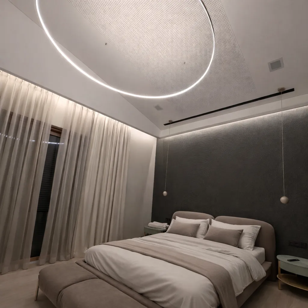 Camera con anello luminoso a soffitto e parete materica, Roma Olgiata