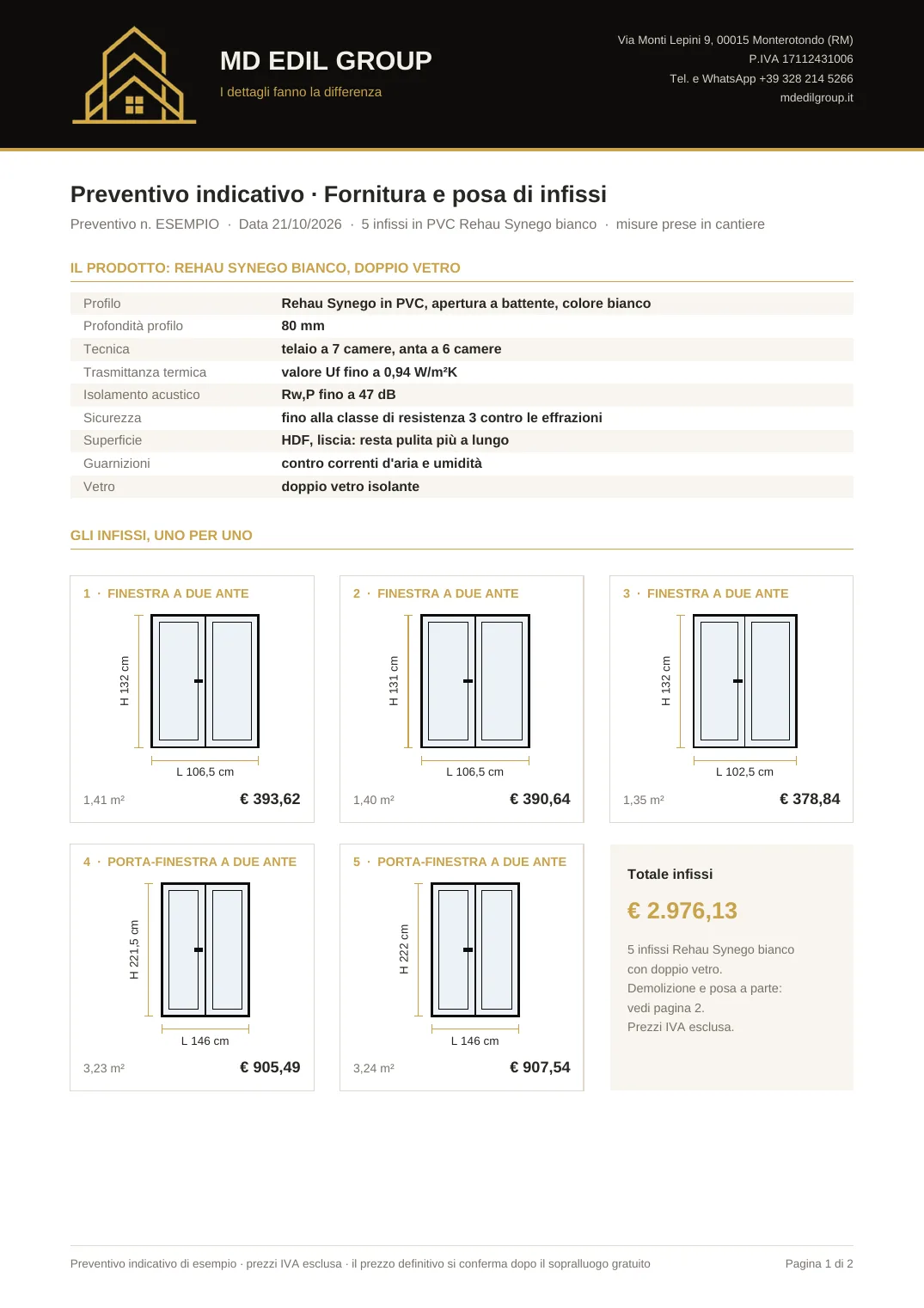 Preventivo MD Edil Group per 5 infissi in PVC Rehau Synego con disegni e prezzi