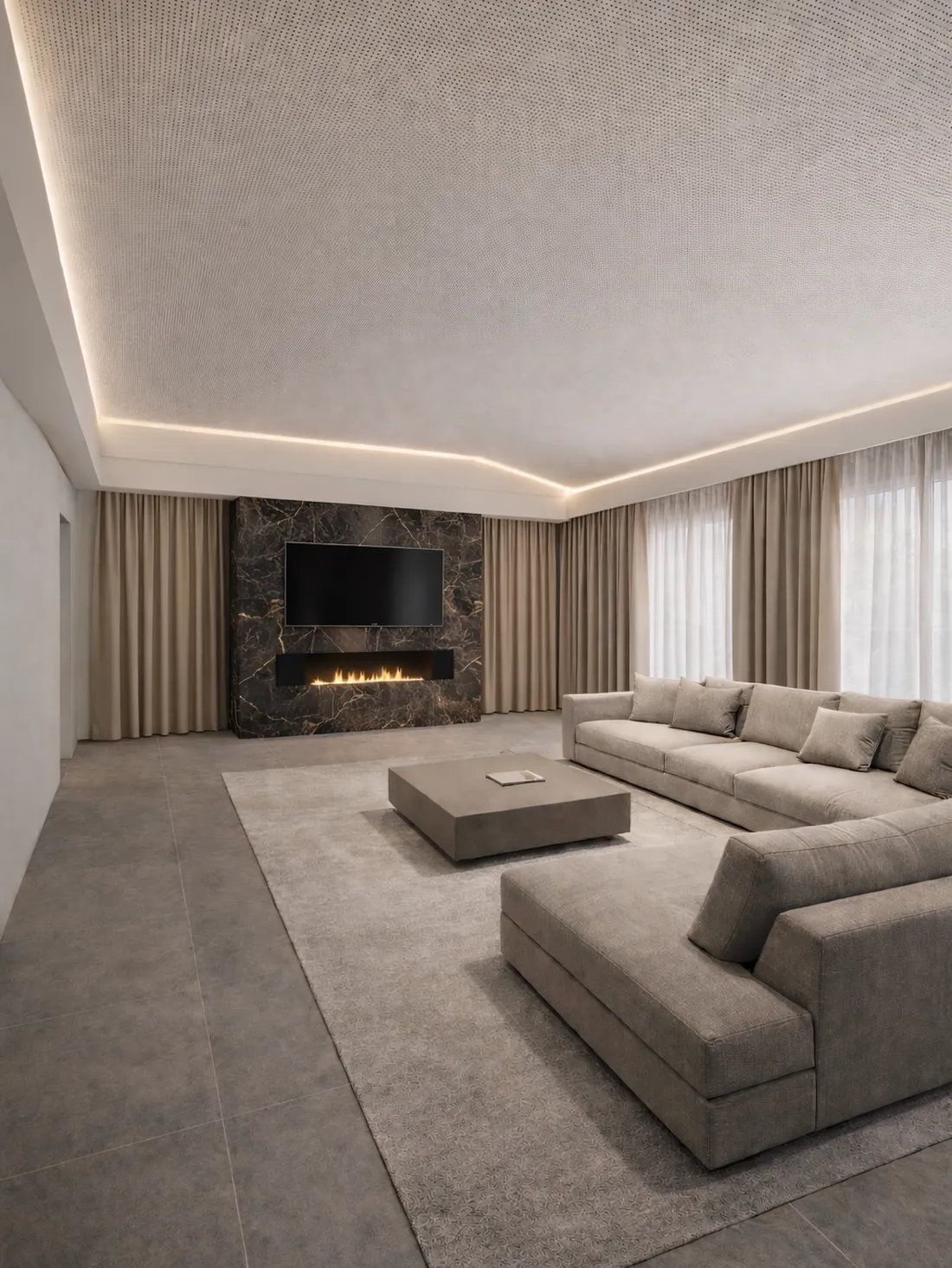 Render di progetto dello stesso soggiorno finito, con camino, parete TV e luci LED a scomparsa